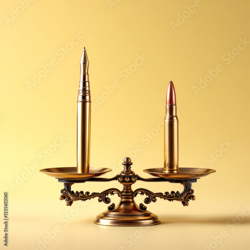 World Press Freedom Day Gold Pen vs Brass Bullet on Scale, Journalism vs Conflict, Media Rights photo