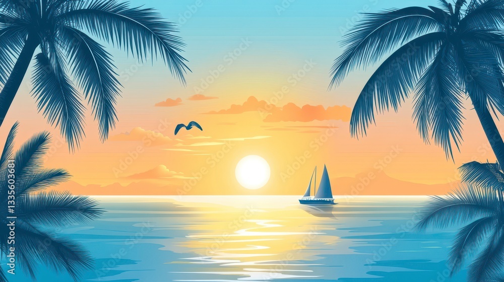 Serene Sunset Sailboat Scene with Palm Trees Serene Sunset Sailboat Scene with Palm Trees
