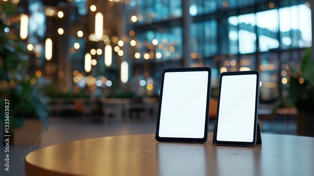 Two blank tablets on a wooden table in a modern interior Two blank tablets on a wooden table in a modern interior
