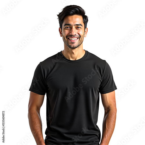 Friendly young man portrait in black t-shirt. Isolated on transparent background for corporate website, advertising, profile, presentation, and marketing use.