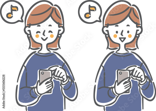 スマホを使ってご機嫌な女性　上半身　ベクター