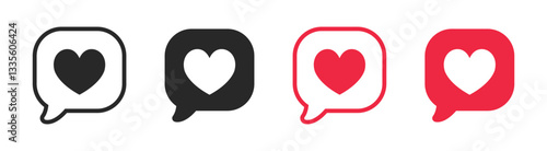 Vector Heart Speech Bubble Icon Set. Heart Bubble Message Icon Set