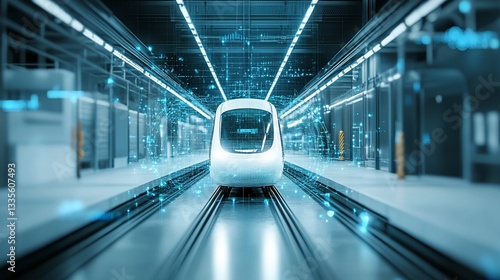 Futuristic train in a modern station, digital overlay
