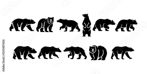 Collection of baby bear silhouettes, carnivorous wild animal set isolated on white background 