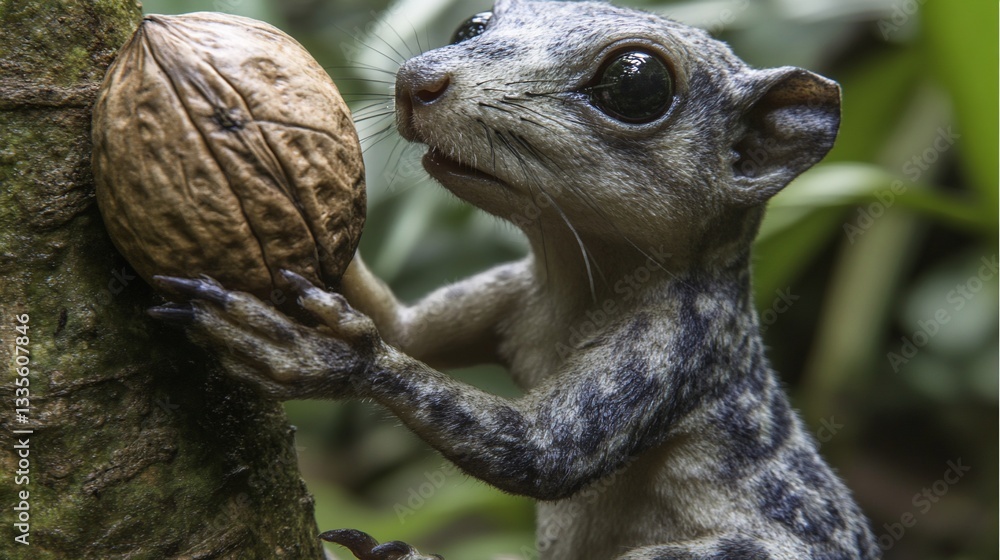 Obraz premium Curious small squirrel holding a nut