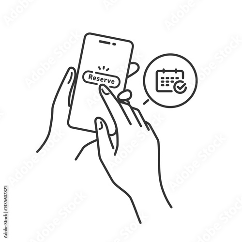 スマホでオンライン予約を完了するベクターアイコン (線画・モノクロ)