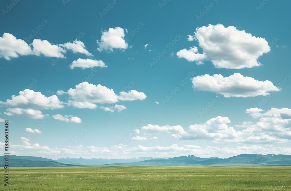 Serene landscape featuring a vast green field and a mountainous horizon under a bright blue sky Serene landscape featuring a vast green field and a mountainous horizon under a bright blue sky