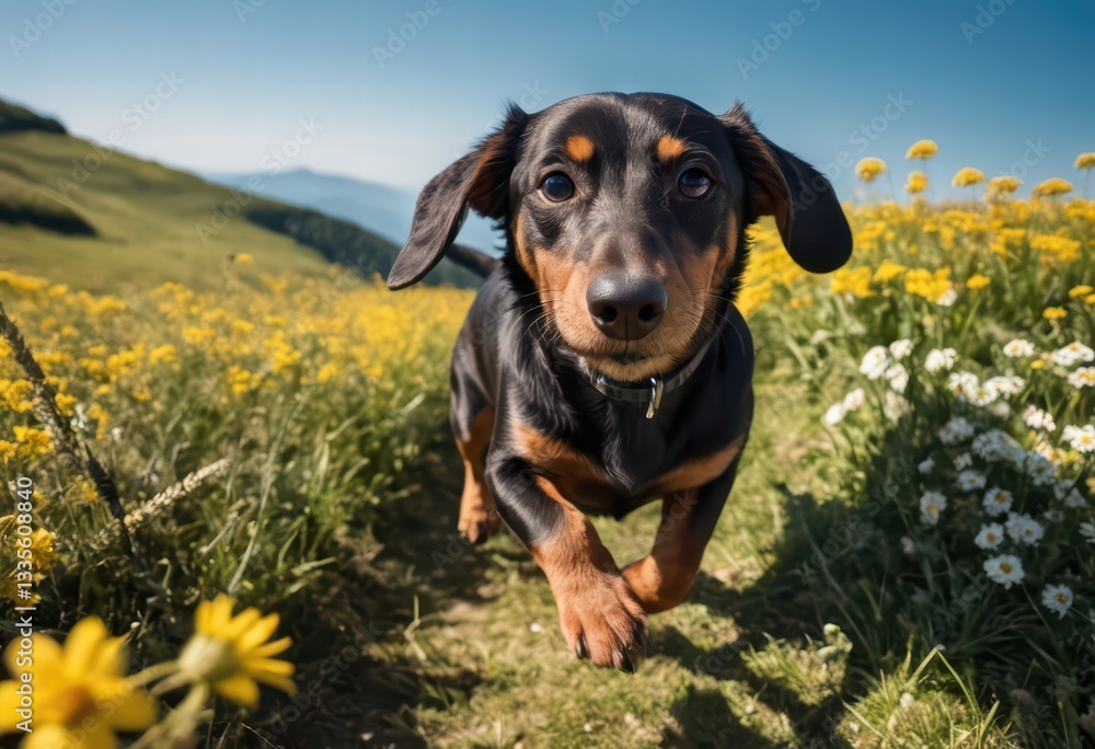 Dachshund dog running happy in the countryside, doggy in meadown Dachshund dog running happy in the countryside, doggy in meadown
