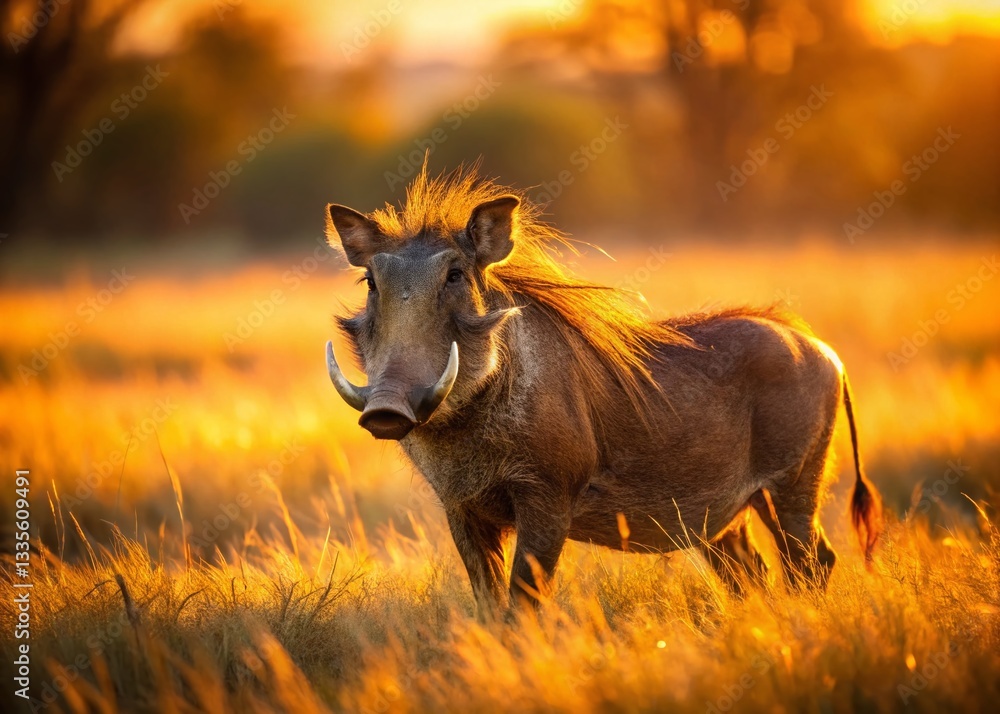Fototapeta premium Warthog Sunset: Golden Hour in Sub-Saharan Africa