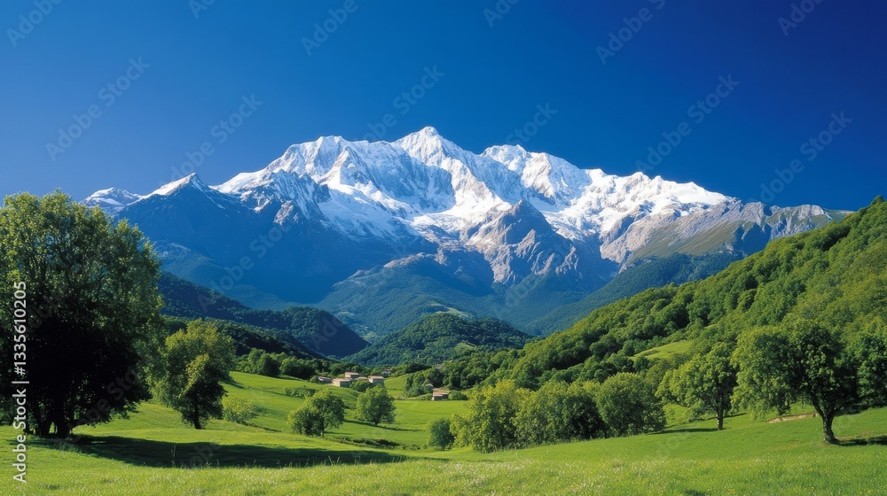 Fototapeta premium Majestic mountain range with lush valley below