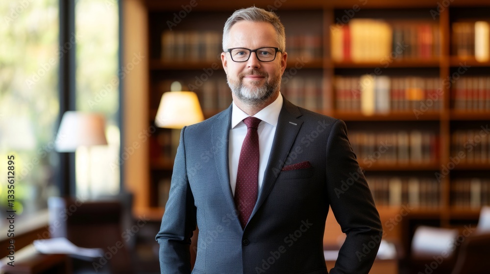 Fototapeta premium Confident lawyer in a suit exudes professionalism and authority in a modern office setting. 