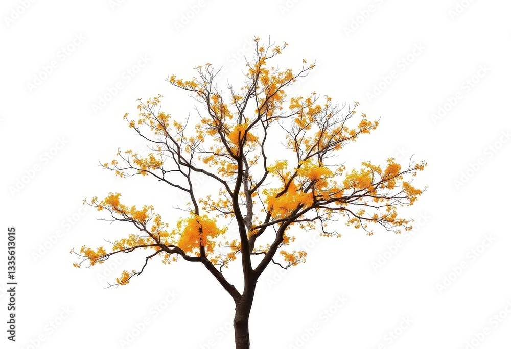 Obraz premium Lone deciduous tree, branches reaching skyward, stark white backdrop, design element, brown