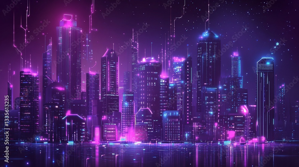 Fototapeta premium Futuristic Cyberpunk Cityscape with Neon Lights and Digital Connections