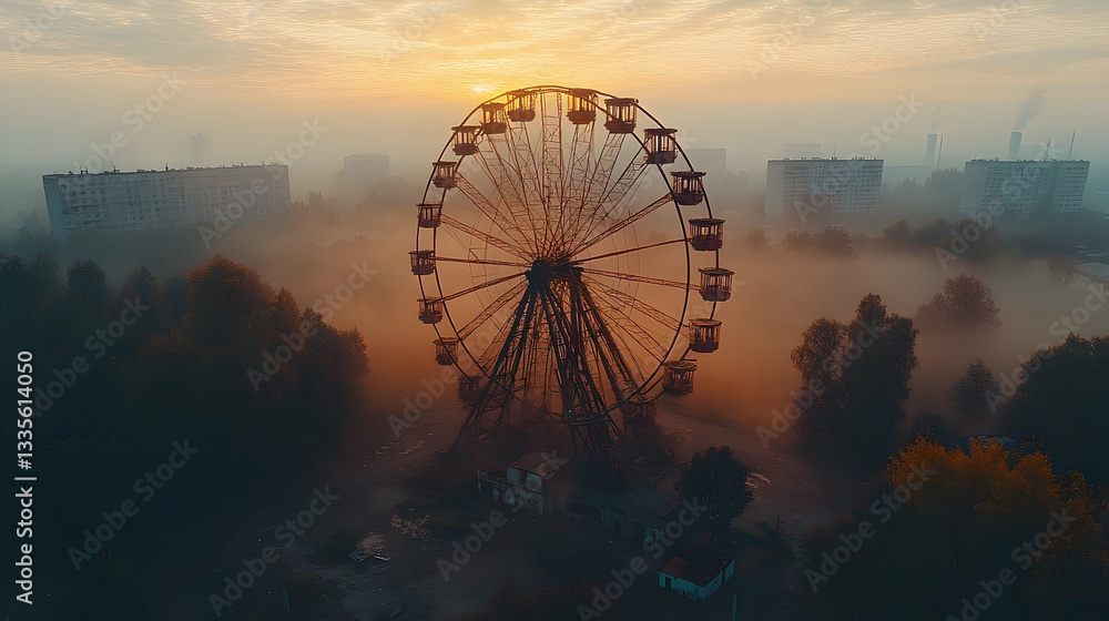 Aerial view of a rusted ferris wheel at sunrise, surrounded by misty urban landscape Aerial view of a rusted ferris wheel at sunrise, surrounded by misty urban landscape