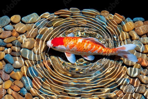 Vibrant Koi Fish in Concentric Stone Pond