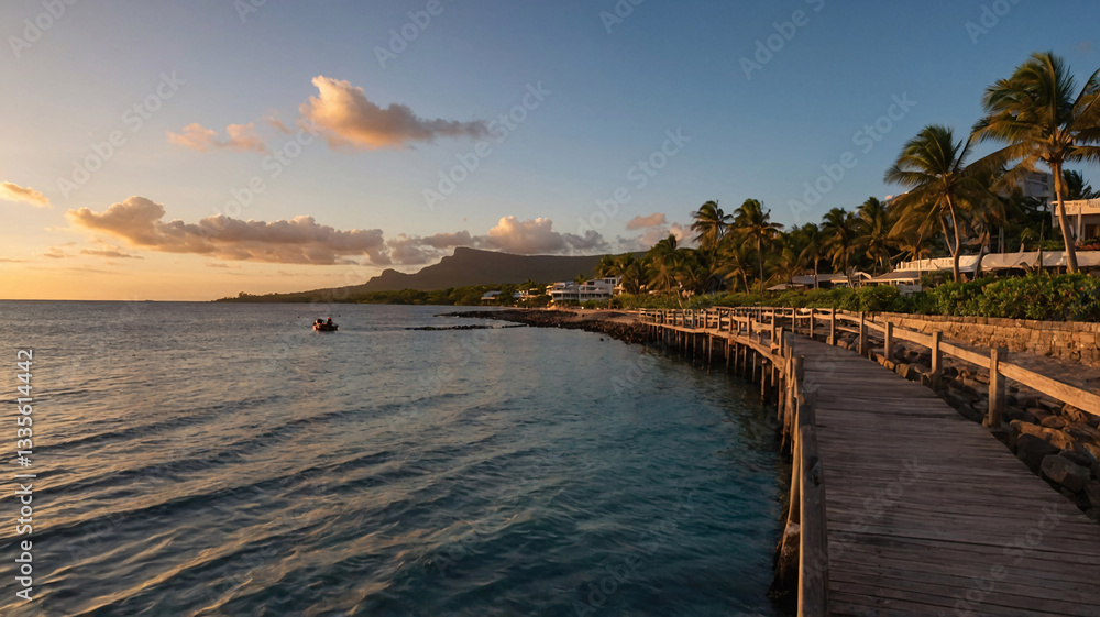 Scenic beach path with flowers coconut trees and calm water perfect for sunset afternoon strolls aesthetic wallpaper landscape photography Scenic beach path with flowers coconut trees and calm water perfect for sunset afternoon strolls aesthetic wallpaper landscape photography