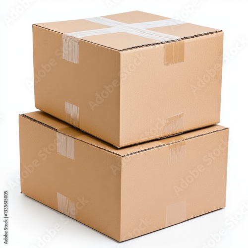 Two Stacked Brown Cardboard Boxes on White Background