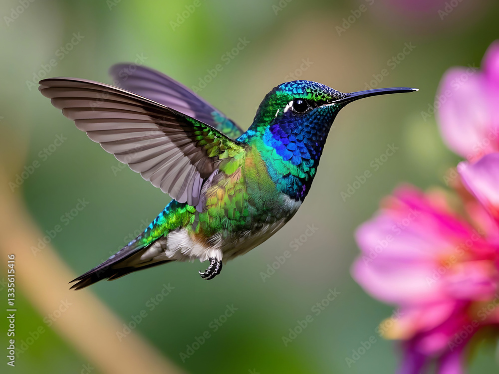 Fototapeta premium This-image-captures-a-stunning-hummingbird-in-mid-flight,-showcasing-its-vibrant-and-iridescent-plum...-