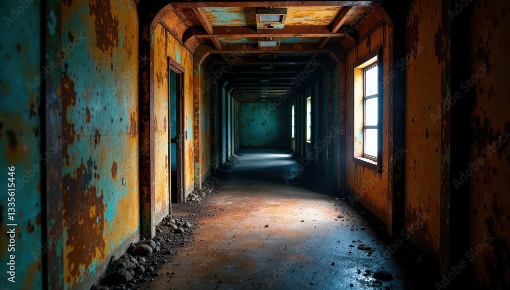 Fototapeta premium Rusty, corroded metal cell interior, dark shadows , horror, dark metal