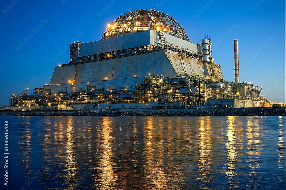 Obraz premium Industrial facility at dusk reflecting on water, showcasing lights and structures