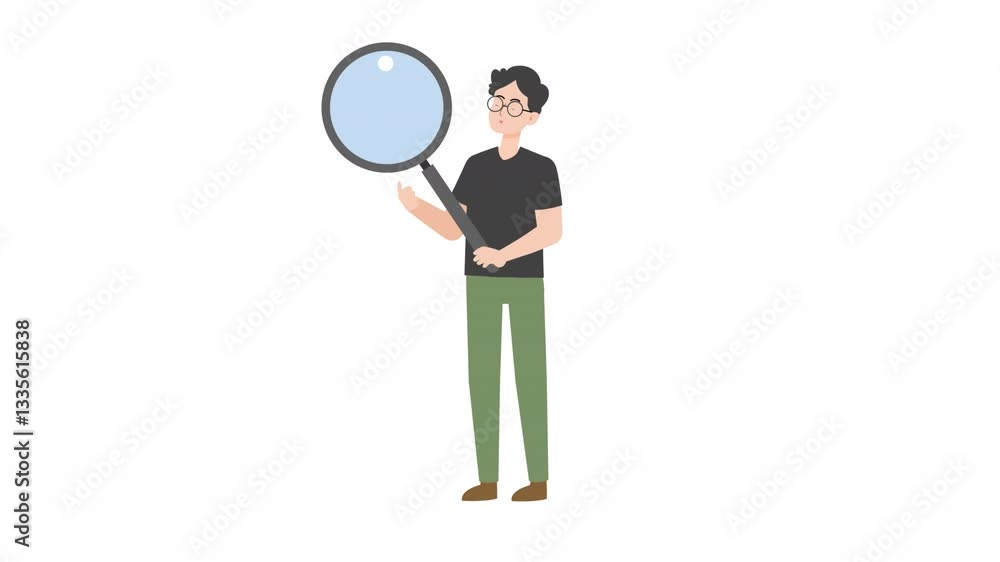 video man standing holding a magnifying glass
video man standing holding a magnifying glass
