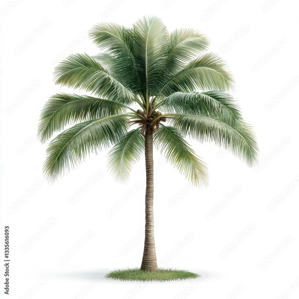 Obraz premium Tall Palm Tree with Lush Green Fronds Set against a Bright White Background