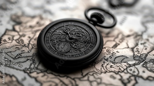 Steampunk-style pocket watch placed on a vintage map, styled for a nostalgic look