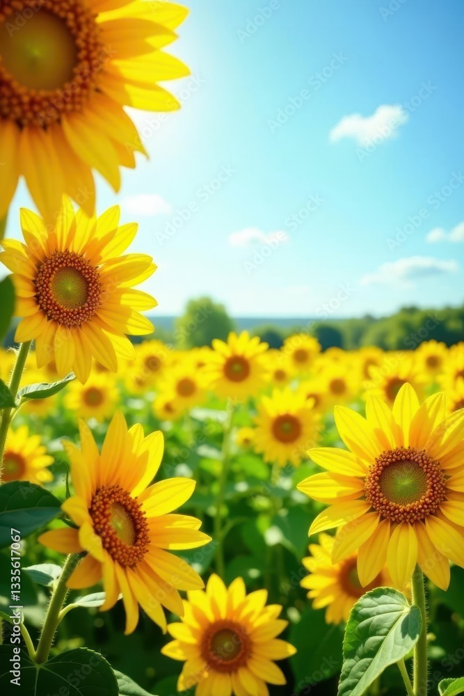 Fototapeta premium Vibrant yellow sunflowers fill frame, sunny day , floral design, backdrop