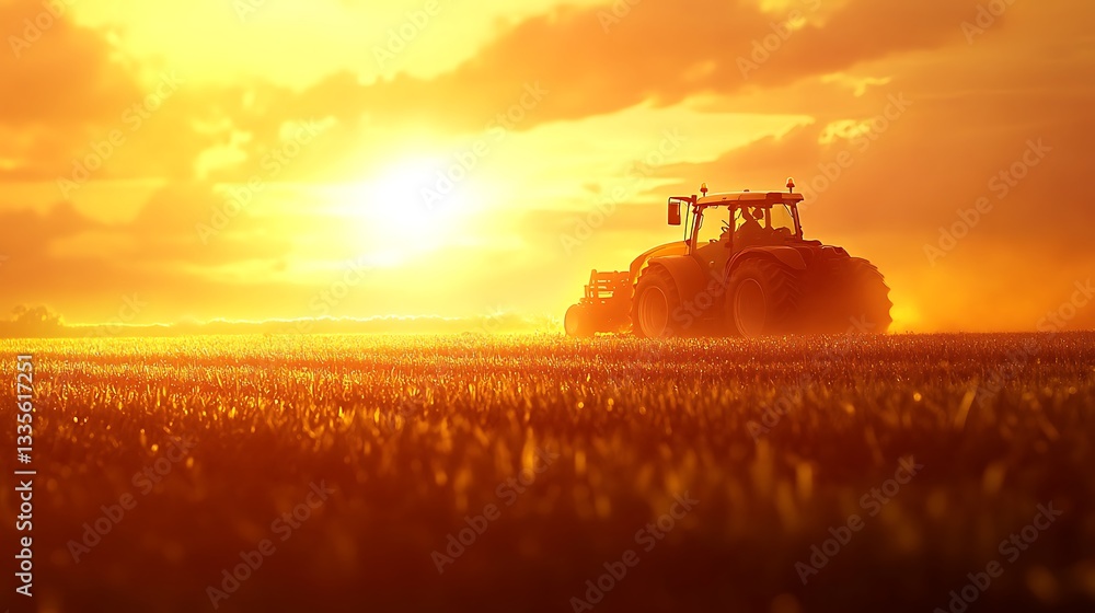 Fototapeta premium A tractor is plowing a field during a beautiful sunset