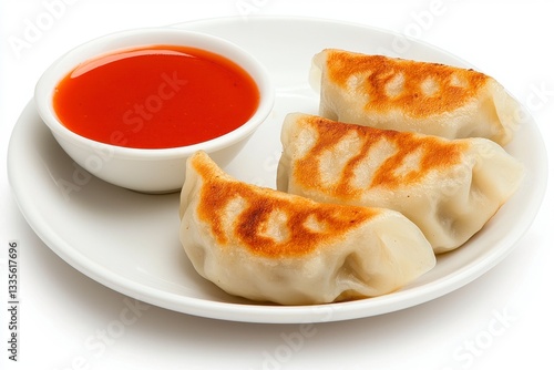 Three Pan Fried Dumplings with Red Dipping Sauce
