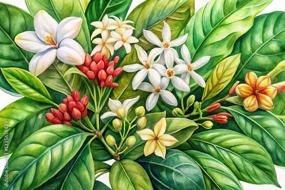 Obraz premium Watercolor Philippine Medicinal Plants: Sampaguita, Akapulko, Lagundi, Bayabas & Tawa-tawa Botanical Illustrations