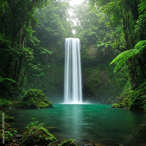 A tall, misty waterfall pours into a crystal-clear turquoise pool, surrounded by dense tropical rainforest and lush greenery.
