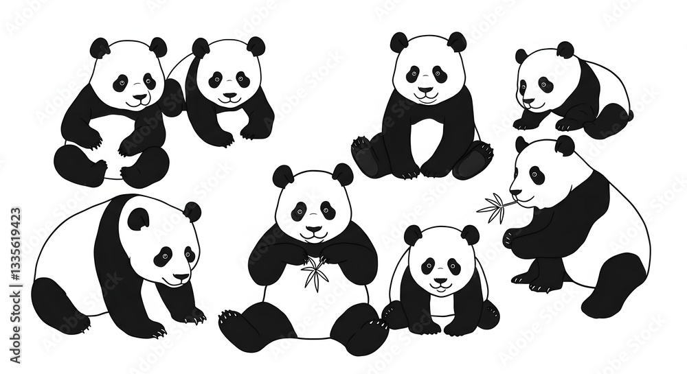 Obraz premium Panda illustrations showcasing various sizes and postures in a playful and artistic style