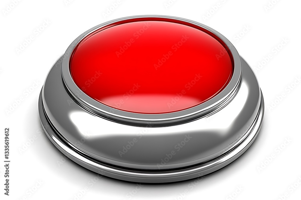 Red button, metallic base, white background Red button, metallic base, white background
