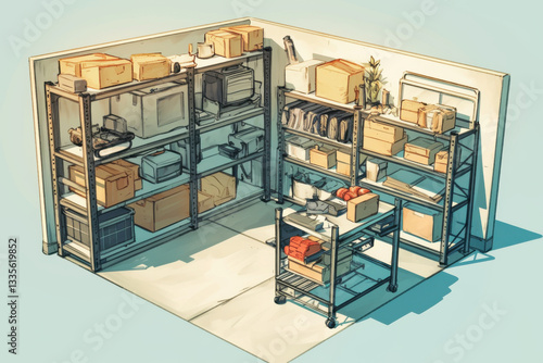 A small room with a lot of boxes and shelves