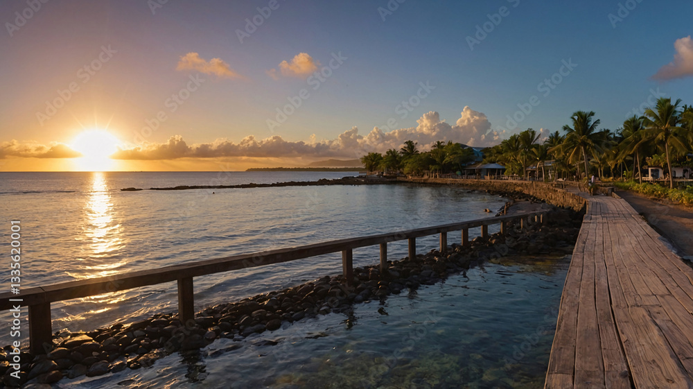 Obraz premium Beautiful pedestrian walkway on tropical beach with vibrant flowers coconut trees and serene sunset water aesthetic wallpaper landscape photography