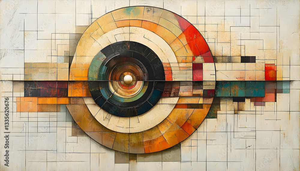 Abstract geometric artwork featuring concentric circles and vibrant colors, creating a visually striking composition Abstract geometric artwork featuring concentric circles and vibrant colors, creating a visually striking composition