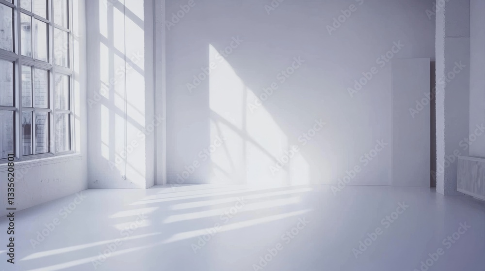 Obraz premium Minimalist white office corner with mock-up wall, clean and modern design, bathed in natural light. 