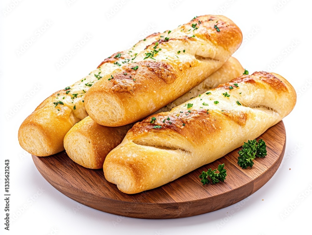 Freshly baked garlic breadsticks on a wooden platter with herbs Freshly baked garlic breadsticks on a wooden platter with herbs