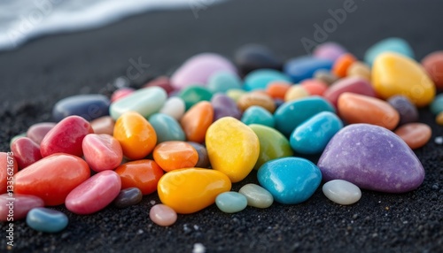 Vibrant Sea Stones Arranged for Social Justice Day. Meaningful Celebration on Dark Sand photo