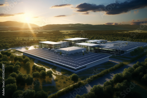 Large aerial view of a factory building, data center powered by solar energy.