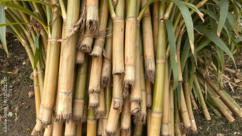 Fototapeta premium Freshly cut sugarcane stalks bundled together, rural scene,sweetener