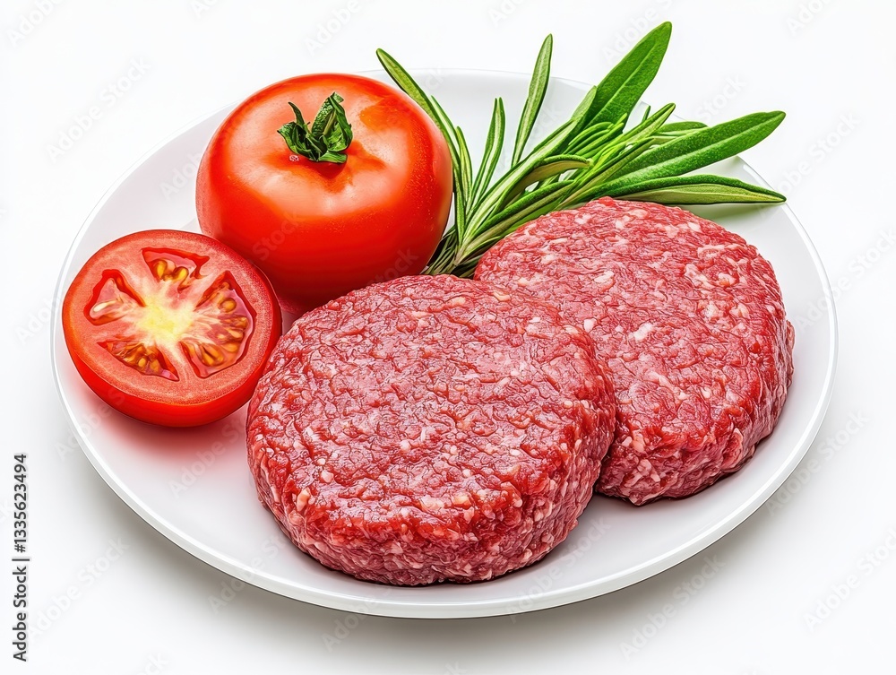 Freshly prepared ground beef patties with ripe tomato and herbs on a plate Freshly prepared ground beef patties with ripe tomato and herbs on a plate