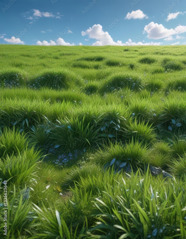 Lush green grass patch set against clear blue sky, lawn, design, high Lush green grass patch set against clear blue sky, lawn, design, high