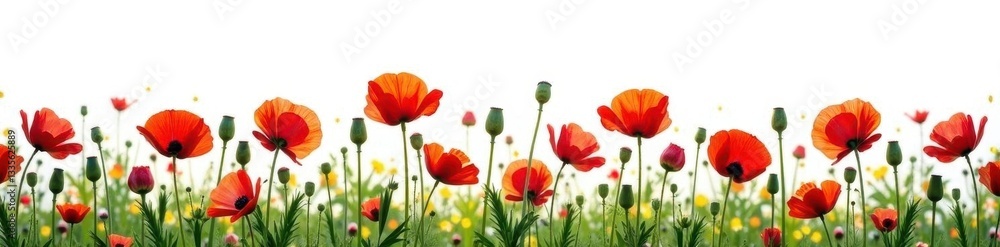 Fototapeta premium Vibrant poppies & wildflowers bloom in a bright row against pure white , vibrant, white