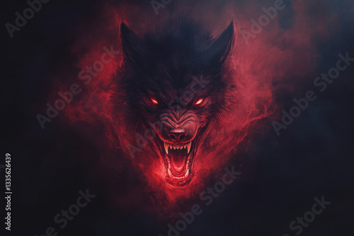 A wolf with red eyes and a red mouth