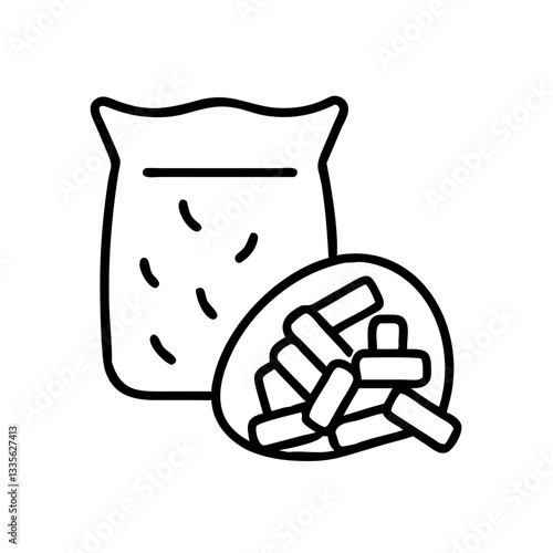 Minimalist wood pellets icon, black and white, biofuel heating symbol