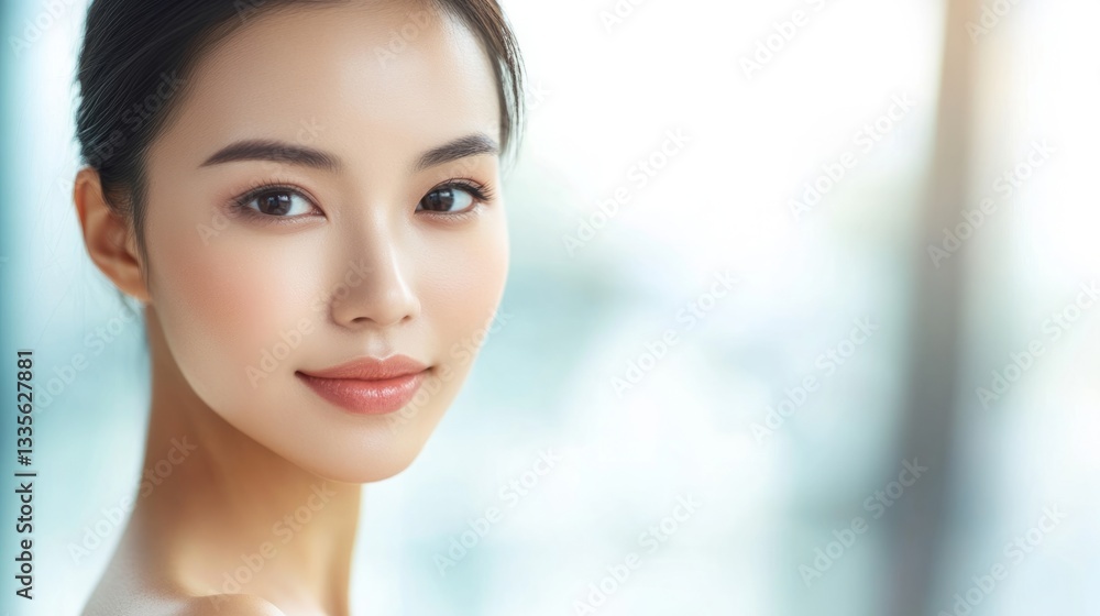Woman with flawless skin in serene spa setting, soft light enhancing calm beauty. Woman with flawless skin in serene spa setting, soft light enhancing calm beauty.