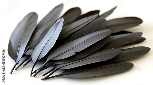 Pile of dark gray feathers on white.