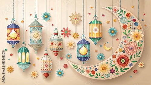 Whimsical Paper Cut Lanterns & Moons: Festive Floral Ramadan Eid Background